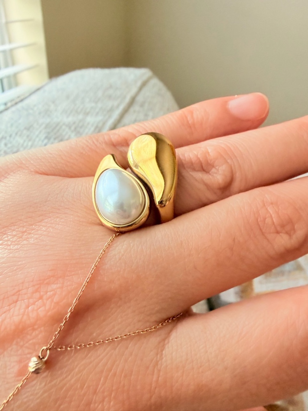 Gold Pearl Teardrop Statement Ring Stainless Steel Waterproof - Picture 3 of 6